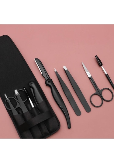Valkyrie Deri Çantalı Kaş Usturalı Cımbız Seti Siyah 5'li