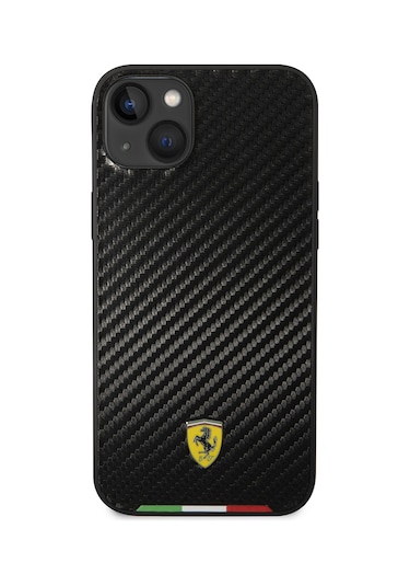 İphone Uyumlu 14 Plus Kılıf Ferrari Lisanslı Magsafe Uyumlu Karbon İtalyan Bayrak Dizayn Kapak Siyah