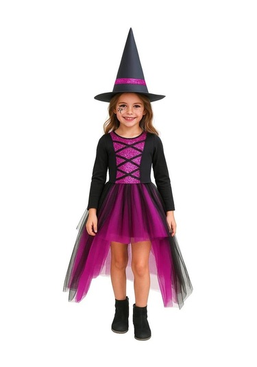 Cadılar Bayramı Halloween Fuşya-siyah Şapkalı Cadı Kız Çocuk Kostümü