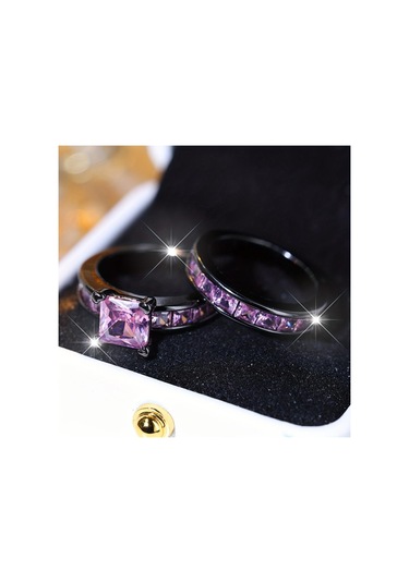 Siyah&mor 2 Adet Zarif İstifleme Yüzükler Kare Mor Pembe Beyaz Zirkon Taş Yüzükler Kadınlar İçin Set Düğün Parti Parmak Takı 12 Çok Renkli