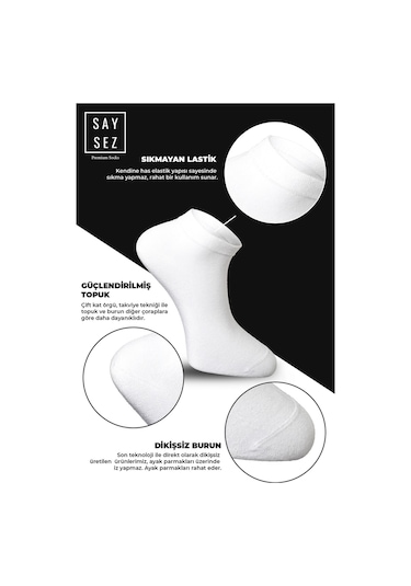 Saysez Bambu Erkek Patik Düz Beyaz Çorap Dikişsiz Premium Kutulu 6'lı Beyaz