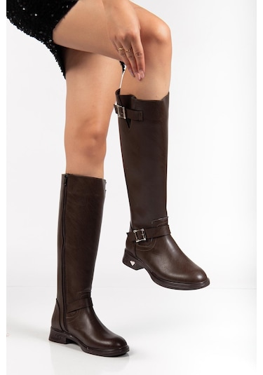 Kahverengi Kadın Çizme Düz Topuklu Bilek Kemerli-4285 Kahverengi