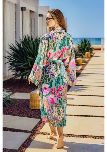 Remsa Tesettür Mayo Üzerine Tek Kaftan Kimono Pareo Yeşil Rp026 Patara Yeşil