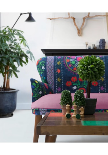 Azra Mobilya - Roma Çay Seti Koltuk Takımı - Etnik Desen Kumaş - Ahşap Demonte Ayak Etnik Desen - Pembe