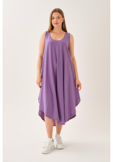 Asimetrik Kesim Çizgili Kolsuz Elbise Mor