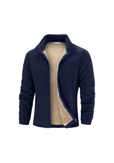 Ghassy Co. Erkek Ultra Isı Peluş Astarlı Cepli Tam Fermuarlı Polar Ceket Lacivert
