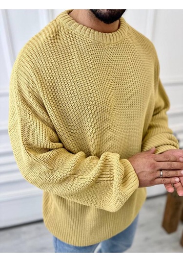 Kazak Oversize Çift Kat Örme Naturel Pamuk Bol Kesim Tüylenmeyen Salaş Triko Kazak Hardal