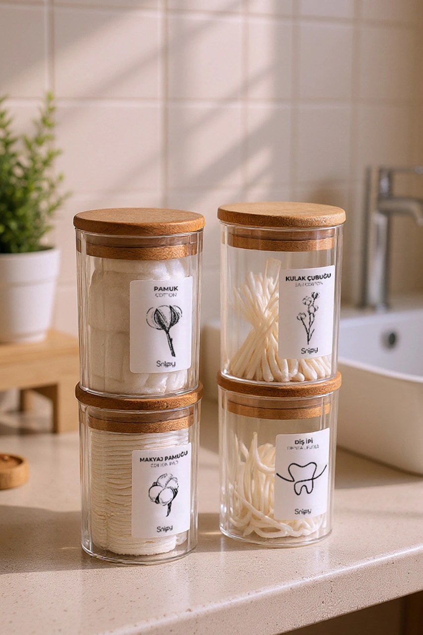 Bathy - 4'lü Ahşap Vakum Kapaklı Banyo Düzenleyici Plastik Banyo Seti Pamuk Düzenleyici Ahşap