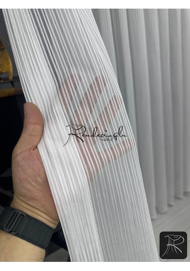 Tül Perde Örme Kumaş Çizgili Rivella Desen Ütü Sevmez Ekru