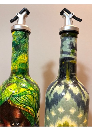 Geleneksel Desenler Ve Yerli Kadın Temalı Yağdanlık, Sirkelik Ve Sosluk Seti Vintage Mutfak Dekor Açık Yeşil