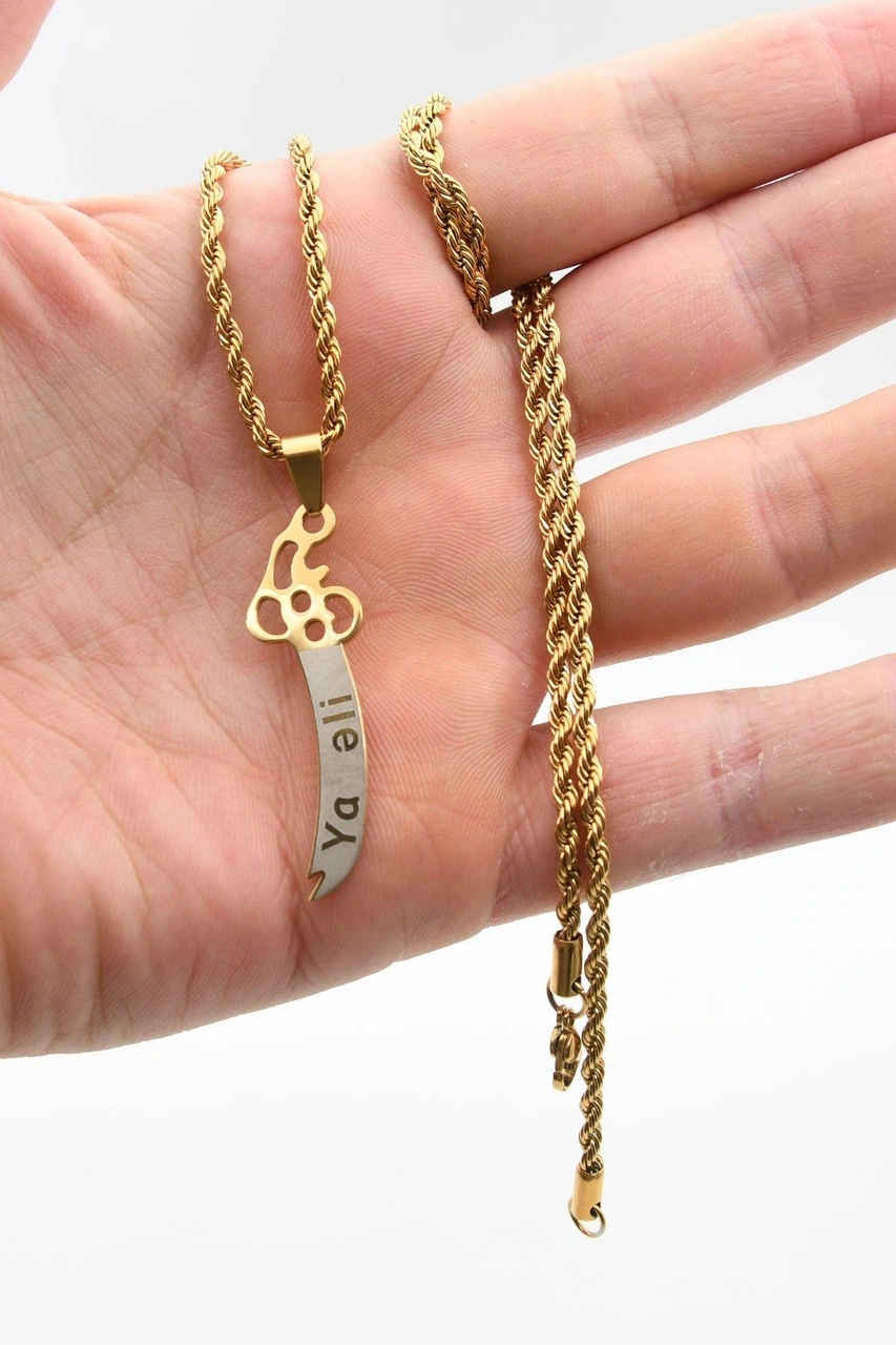 Hz. Ali Zülfikar Kılıcı Kolye Paslanmaz Çelik Zincir Altın Kaplama 3mm 902309 Altın