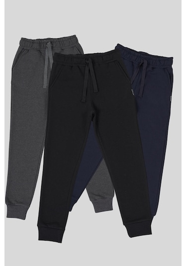 Mmetalic Siyah-lacivert-antrasit Kalın Pamuklu Beli Ve Paçası Lastikli Cepli 3'lü Kız Çocuk Eşofman Altı Lacivert - Gri - Siyah