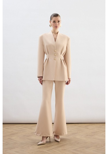 Sateen Gold Düğmeli Uzun Ceket - Bej-136771 Bej