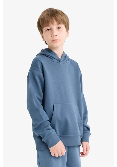 Defacto Erkek Çocuk Basic Düz Kapüşonlu Sweatshirt E9558a825auın257 Indigo