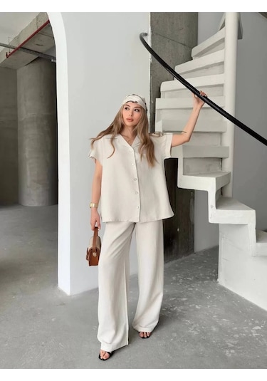 Keten Kısa Kollu Cepli Gömlek Pantolon İkili Takım - Beyaz Beyaz