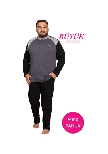 Erkek Büyük Battal Beden Desenli 3 Düğmeli %100 Pamuk Mevsimlik Uzun Kol Cepli Pijama Takımı Gri-siyah