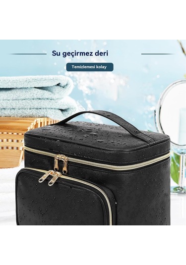 Büyük Makyaj Çantası, Kadınlar Kızlar İçin Taşınabilir Seyahat Makyaj Çantası Makyaj Fırçası Bölmeli, Saplı Ve Ayırıcılı Şık Makyaj Çantası Düzenleyici Kozmetik Çantası - Siyah Altın