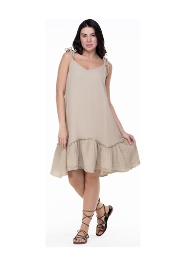Askılı Müslin Serra Volanlı Kısa Elbise Vizon Vzn-vizon