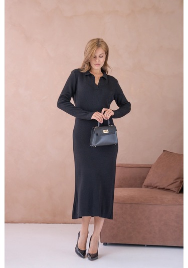 Kadın Polo Yaka Yamuşak Dokulu Maksi Boy Triko Elbise Siyah