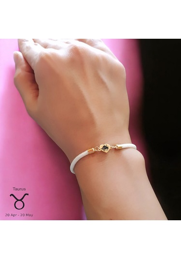 Archin Boğa Burçlarına Özel Kalp Figürlü 14 Ayar Altın Plakalı Beyaz Örgülü Hediye Bileklik-478burç Boğa