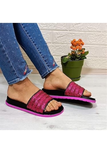 Calx Fuşya Simli Orthopedic Taban Şık Günlük Kadın Terlik 001