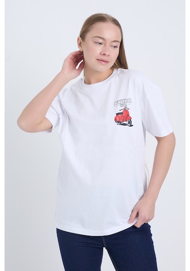 Velvoria Unisex Oversize Beautıful Ride Baskılı Beyaz Renk T-shirt