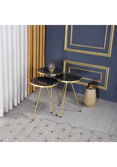 Zigon Sehpa 3'Lü Altın Metal Ayak 2 Renk Seçenekli