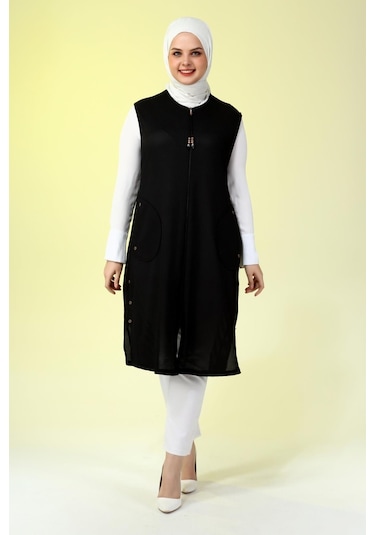 Kadin Buyuk Beden Petek Kumaş Cepli Fermuarlı Düğmeli Yelek 001