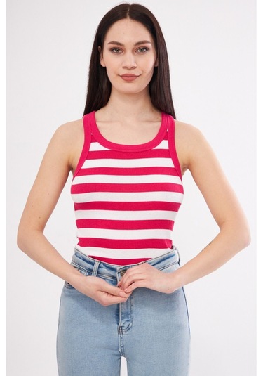 Mea Capio Kadın Çizgili Fitilli T-shirt Halter Yaka Örme Atlet Pembe - Pembe