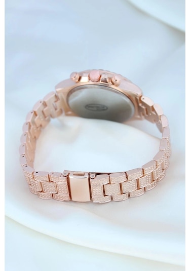 Clariss Trend Rose Metal Kordonlu Zirkon Taş Kaplama Renkli Taşlı Kasa Tasarımlı Lüx Kadın Kol Saati Gold