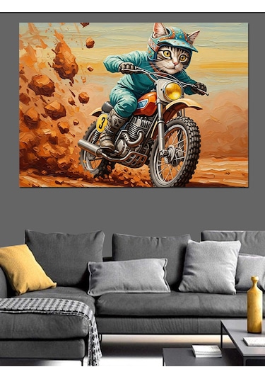 Ahşap Tablo Motosiklet Süren Kasklı Komik Kedi