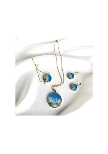 Altın Kaplama Çelik Kolye Küpe Bileklik Yüzük ve Saç tokası Mavi