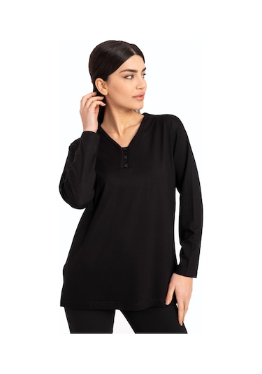 Kadın Orta Yaş ve Üzeri Dört Mevsim V Yaka Rahat Kalıp Likralı Viskoz Anne Penye Bluz 140-Siyah
