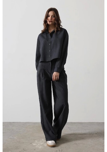 Çizgili Gömlek Pantolon Takım - Lacivert Lacivert