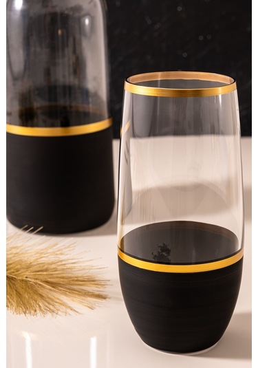 Mest Gst 365 6 Kişilik 7 Parça Siyah Ince Gold Su Bardağı Takımı - Yaldızlı Sürahili Siyah Ince Gold