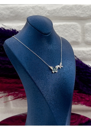 925 Ayar Gümüş Özel Tasarım Mineli Sıralı Kelebek Desenli Popüler Kadın Kolye Gümüş