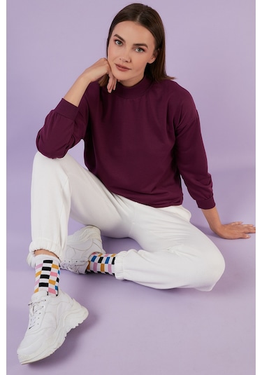 Lela Pamuklu Dik Yaka Basic Örme Bayan Sweat 5863323 Mor