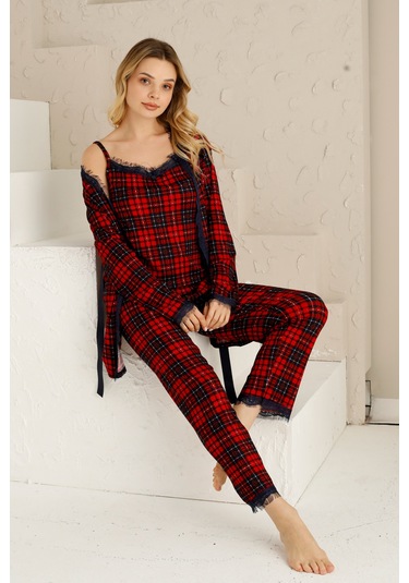 Sabahlıklı Dantel Detaylı Pegasus Kadın Pijama Takımı-çeyizlik Takım- Geniş Beden Aralığı Kırmızı