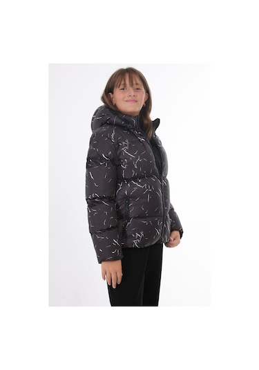 Kız Çocuk Siyah Çıkabilir Kapüşonlu Su Ve Rüzgar Geçirmez Cepli Kışlık Şişme Mont & Kaban & Parka Siyah