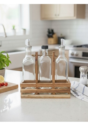 Ahşap Doğal 3lü Yağdanlık Ve Sosluk Takımı Kısa Başlık Set Kiraz 1 Set Ahşap