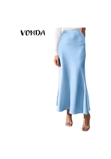 Vonda 2024 Yazlık Kadın Saten Pilili Yüksek Bel Parti Eteğigökyüzü Mavi Gökyüzü Mavi
