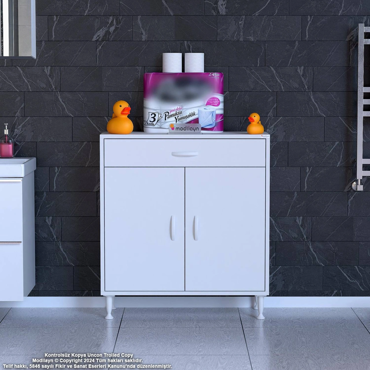 Mira Banyo Ve Mutfak Dolabı Çok Amaçlı Dolap Tek Çekmece 2 Kapak 1 Raf 2 Bölme 75x88x32,5 Cm Beyaz