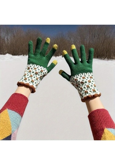 Elmpaly Pembe Kışlık Bisiklet Kayak Eldiveni Çiçek Desenli Rüzgar Koruma Dokunmatik