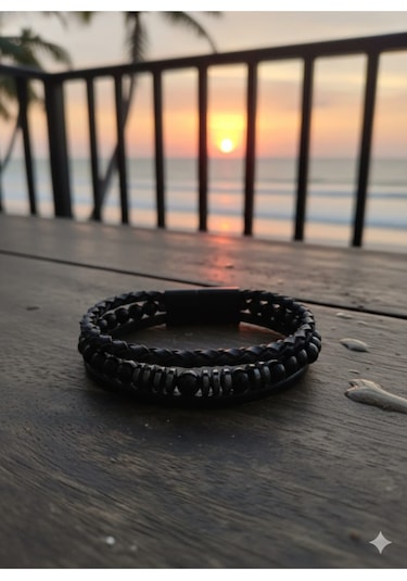 Siyah Doğal Taşlı Örgü Model Erkek Deri Bileklik Siyah