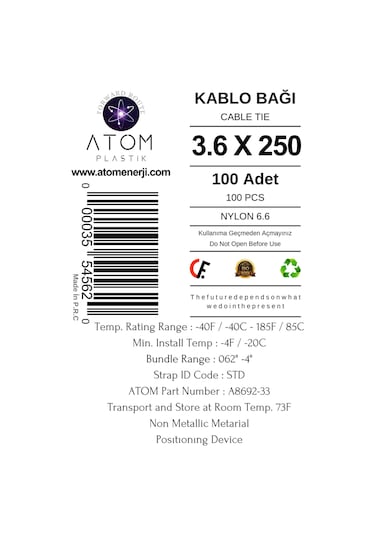 Kablo Bağı 3.6 X 250 Plastik Cırt Kelepçe Kablo Düzenleyici Cable Tie