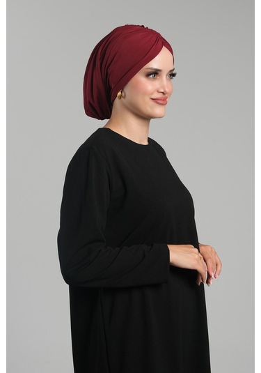 Bordo Pratik Hazır Geçmeli Tesettür Bone Sandy Büzgülü Salaş 2119 16 Bordo