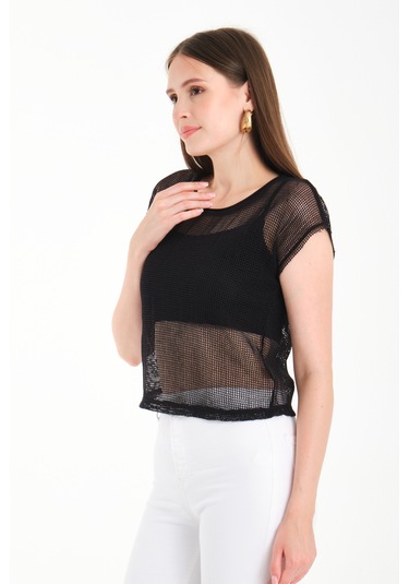 Japone Kol Kare File Bluz Siyah