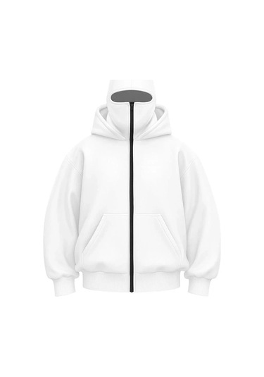 Kadın Samuray Ninja Çift Kapşonlu Zıp Fermuarlı Kanguru Çepli Hoodie Maske Detaylı Swetshirt - Beyaz Beyaz