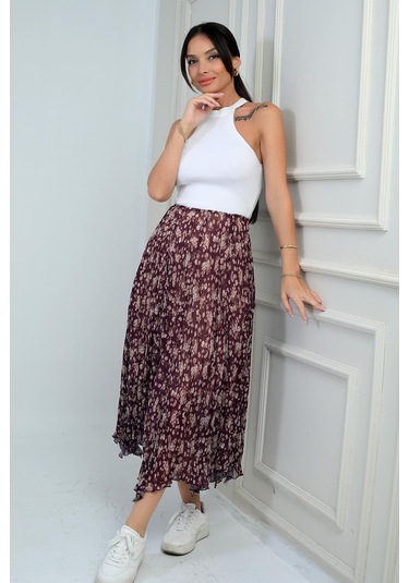 Kadın Beli Lastikli Astarlı Mini Çiçekli Midi Kraşlı Üçgen Etek-41697 Mürdüm