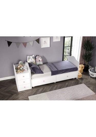 Angel Beşik Büyüyebilen Pembe Kulplu Komidinli Beyaz